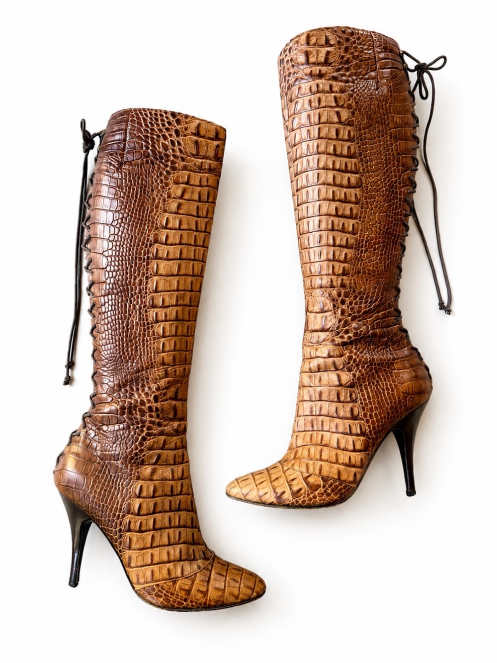 Giuseppe Zanotti Vintage Y2K Croc Embossed Lace Up Knee High Boots Womens EU 38